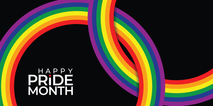 LGBTQ+ Pride Month Banner. LGBTQIA Pride Month Text on Black Background with Pride Flag Illustration