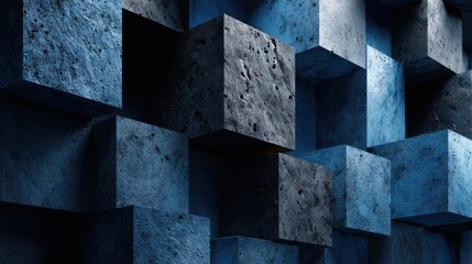 Poster - Textured cubes in various shades of blue are stacked and arranged, creating a visually striking abstract design. The play of light and shadow adds depth and interest to the composition.