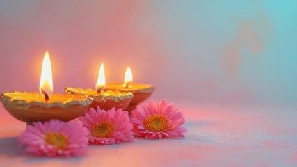 Poster - A still life of pink flowers and lit candles on a wooden table