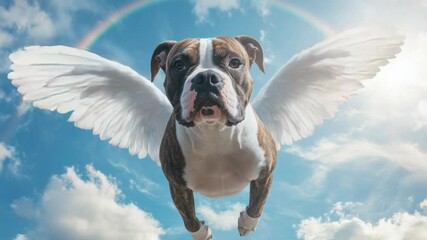 Poster - A dog soaring through the air with a vibrant rainbow in the background