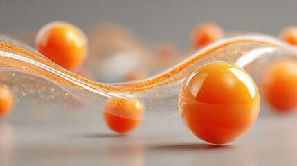 Poster - Vibrant orange spheres float along undulating transparent lines, creating a lively composition. The soft gray backdrop enhances the colorful display, adding depth and interest.
