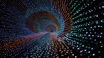 Fototapete - Vibrant lights create a tunnel effect, drawing viewers into a mesmerizing display. The artwork captures attention with its array of colors and patterns, enhancing the nighttime atmosphere.