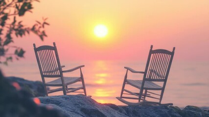 Poster - Two wooden rocking chairs situated on top of a large rock overlooking the ocean, perfect for a serene coastal scene or a nostalgic moment
