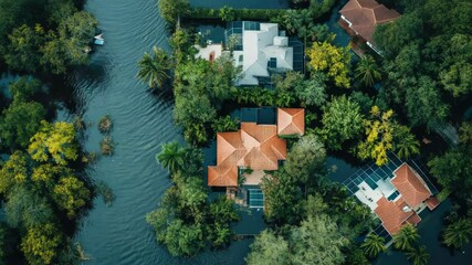 Aufkleber - Aerial view of a single-family home with lush tree surroundings, suitable for real estate or landscape uses