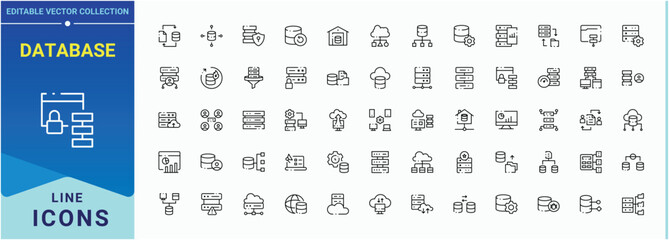 Poster - Database linear icon collection. Server line icon set. Contains such symbols as analytics, server, storage, hosting, data center, cloud data, data and more. Editable stroke collections.