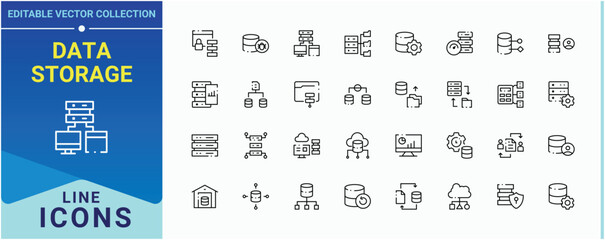 Poster - Data Storage icon set. Contains outline symbols like data center, server, computing, data, hosting, host, analytics and more. Database linear icon collection. Minimal icons pack. Editable vector art.
