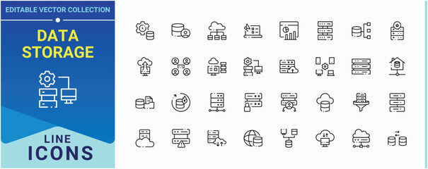 Poster - Data Storage icon set. Contains outline symbols like data center, server, computing, data, hosting, host, analytics and more. Database linear icon collection. Minimal icons pack. Editable vector art.
