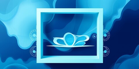 Poster - A futuristic architectural model in a square frame against a blue abstract background design