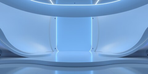 Poster - A futuristic stage with curved walls and a glowing portal in a minimalist design aesthetic space