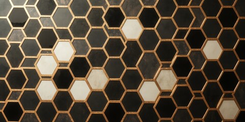Poster - A close up view of a black and white hexagon pattern with gold trim creating a modern design