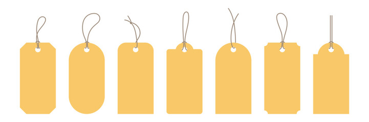 Poster - Set of blank yellow paper tags with strings. Minimal vector sale label Isolated on white. Perfect for ads, packaging, discount, banner, product labeling, price tags, gift decor, product tags