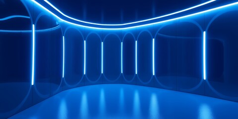 Poster - A futuristic hallway with blue neon lights illuminating the walls and reflective floor space