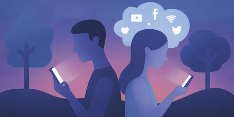 Poster - Digital illustration of two individuals using smartphones, surrounded by social media icons in a dreamy landscape, representing modern communication and connection in a digital age