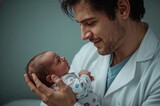 Doctor in white coat holding a newborn baby looking at each other with love and care in hospital room on transparent background