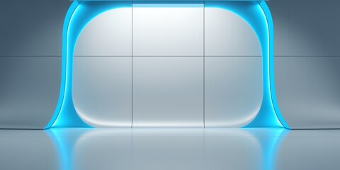 Poster - A futuristic white studio with blue neon lights framing a central panel and reflective floor