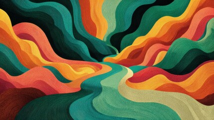 Poster - A colorful painting of a river with green, yellow, and orange colors. The painting has a dreamy and peaceful mood