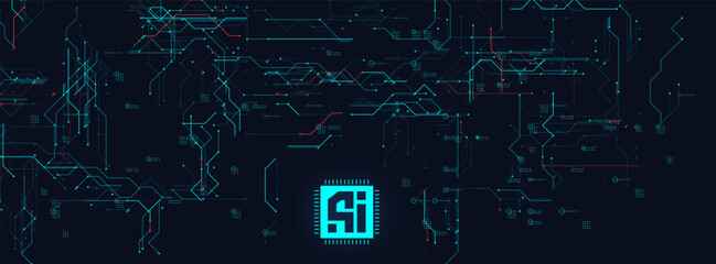 Aufkleber - Futuristic AI chip on digital motherboard. Abstract cyberpunk circuit, glowing schematic layout, high-tech system interface. Ideal for tech, software, or machine learning themes. Vector illustration
