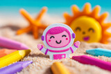 Colorful child crayon drawing featuring astronaut and space