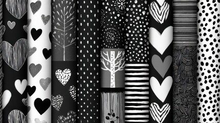 Poster - A collection of black and white patterned fabric with hearts and trees. The fabric is arranged in a row, with each piece having a different design. Scene is one of creativity and artistic expression