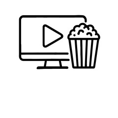 Fototapete - Online cinema icon with computer screen, play button, and popcorn in minimal outline style representing video streaming and digital movie watching