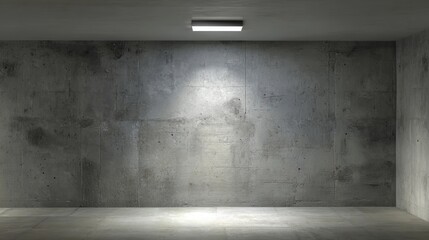 Fototapete - Stark concrete interior with overhead light beam highlighting textured wall, revealing minimalist industrial space and dramatic architectural lighting effect