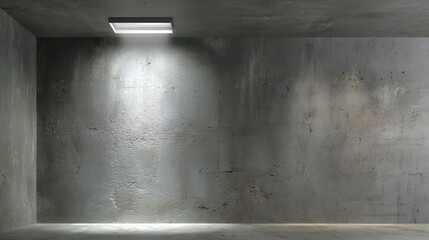 Fototapete - Minimalist concrete room revealing industrial lighting fixture illuminating blank wall, creating dramatic architectural shadow play