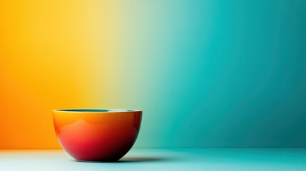 Poster - A glossy bowl rests against a rich gradient backdrop blending warm oranges and cool blues, symbolizing harmony and contrast in design and aesthetics.