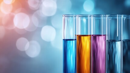 Poster - A row of test tubes filled with vibrant liquids stands out against a blurred backdrop, embodying the spirit of scientific discovery and artistic creativity.
