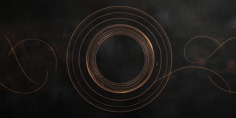 Poster - A close up view of concentric golden circles and curved lines on a dark black background art