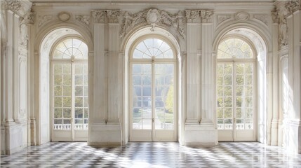 Poster - Soft sunlight filtering through arched windows, highlighting intricate marble flooring and revealing lush garden landscape within grand palace interior