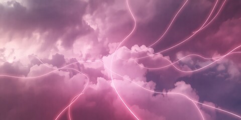 Poster - A dreamy pink sky filled with fluffy clouds and glowing lines weaving through the atmosphere above