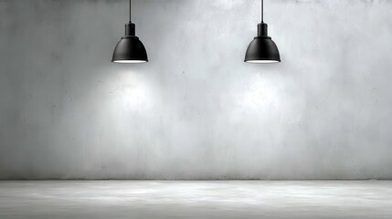 Poster - Black pendant lamps hanging from ceiling, casting light on empty concrete interior with gray flooring, representing minimalist architectural design aesthetic