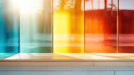 Poster - Brightly colored glass panels create a stunning abstract composition that captures light beautifully, adding vibrancy and artistic flair to an indoor space with reflections.