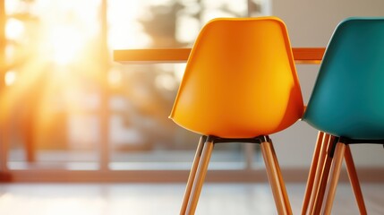 Poster - A pair of vibrant orange and teal chairs positioned around a simple wooden table, illuminated by warm sunlight streaming through a nearby window, creating a cozy atmosphere.