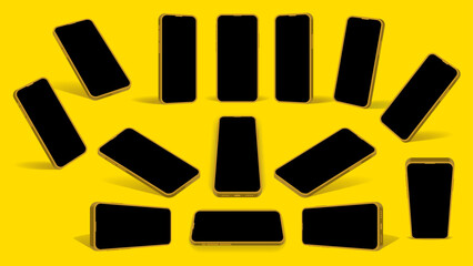 Poster - Smartphone Mockup Set – Front, Side, Top, and Perspective Views of Yellow Devices | Mobile Mockup Set for UI Design, App Presentation, and Advertising. Vector.
