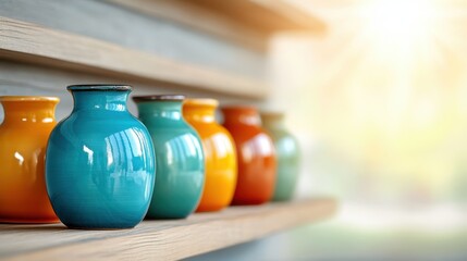 Poster - A stunning array of vibrant pottery vases in diverse colors displayed on a wooden shelf, enhancing the aesthetic appeal of any interior design setting.
