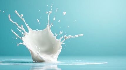 Poster - This stunning image showcases a dramatic splash of milk against a vibrant light blue backdrop, capturing the fluid motion and texture of the liquid beautifully.