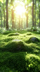 Wall Mural - Forest floor covered in moss, sunlight through trees