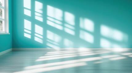Poster - A beautifully lit turquoise room features striking shadows from the window, creating an artistic interplay of light and color, evoking feelings of calm and inspiration in the space.