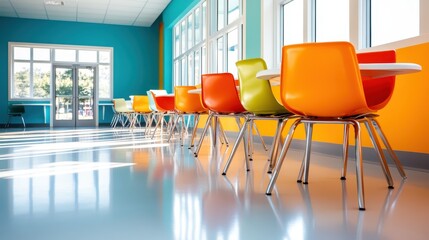 Poster - A vibrant image displaying a row of colorful chairs in a bright café setting, showcasing a lively atmosphere filled with warmth, creativity, and friendship.
