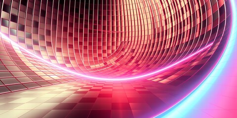 Poster - Abstract curved structure with red and pink hues and a glowing neon light accentuating the form