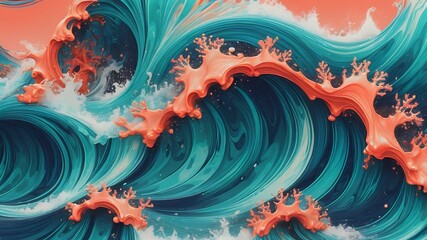 Poster - Abstract teal waves with coral accents and white foam in a stylized artistic display