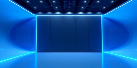 Poster - A futuristic room illuminated with blue neon lights and a dark ceiling with spotlights above