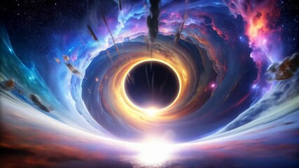 Wall Mural - Depiction of a black hole in deep space, illustrating cosmic phenomena with swirling clouds of gas, dust, and asteroid debris in vivid colors.