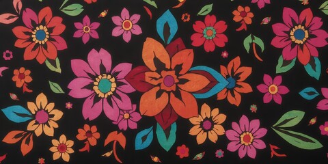 Poster - a vibrant floral pattern with a black background showcasing colorful blossoms and leaves design