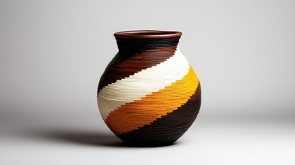 Poster - A beautifully crafted vase featuring intricate patterns in warm, earthy colors, standing on a neutral background, celebrating art and craftsmanship in home decor.