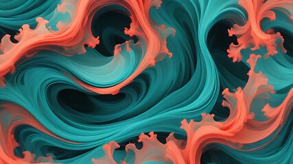Poster - Abstract teal and coral waves flowing and swirling in a dynamic and fluid composition design