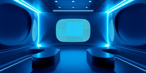Poster - A futuristic blue room with neon lights and a central screen displaying a circuit pattern