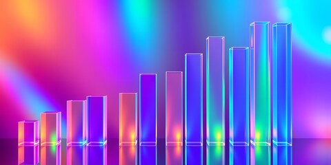 Poster - Ascending translucent bars on a reflective surface against a vibrant holographic background design