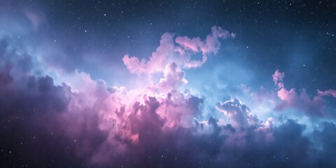 Poster - A view of a nebula with pink and blue hues and stars scattered across the dark sky background